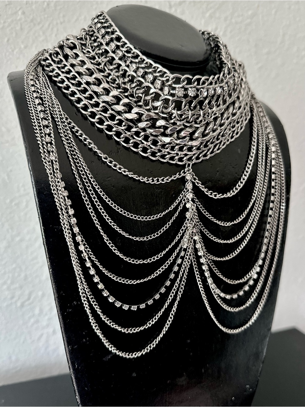 Layered Silver Multi-Chain Statement Necklace
